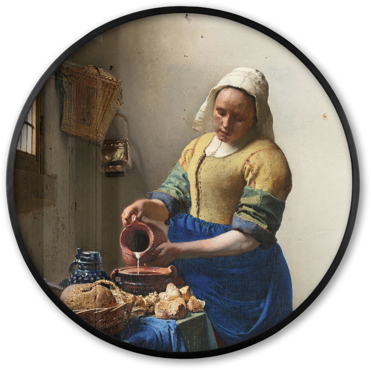 FrameYourWall Poster in lijst Rond - Fotolijst 80x80 cm - Posters - Het melkmeisje - Kunst - Oude meesters - Vermeer - Ronde posterlijst zwart - Decoratie - Wanddecoratie woonkamer - Muurdecoratie slaapkamer