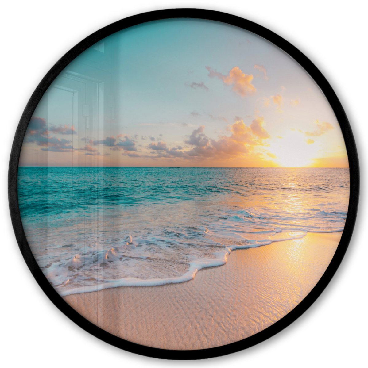 FrameYourWall Poster in lijst Rond - Fotolijst 40x40 cm - Posters - Zonsondergang - Strand - Zee - Zomer - Blauw - Ronde posterlijst zwart - Decoratie - Wanddecoratie woonkamer - Muurdecoratie slaapkamer