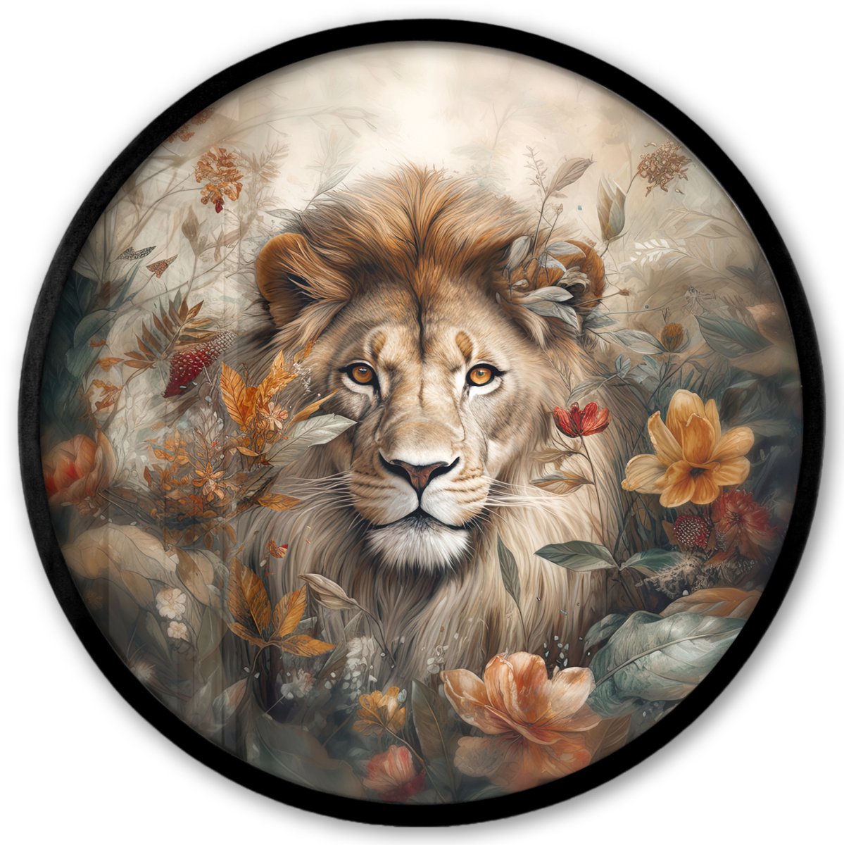 FrameYourWall Poster in lijst Rond - Fotolijst 40x40 cm - Posters - Leeuw - Wilde dieren - Planten - Natuur - Bloemen - Ronde posterlijst zwart - Decoratie - Wanddecoratie woonkamer - Muurdecoratie slaapkamer Bloemen - Leeuw