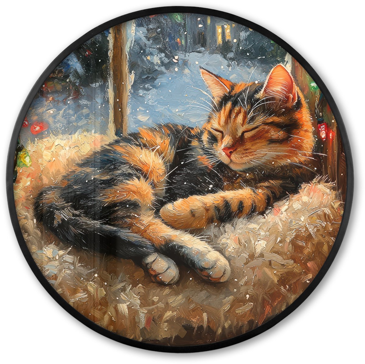 FrameYourWall Poster in lijst Rond - Fotolijst 60x60 cm - Posters - Kat - Kerst - Winter - Dier - Ronde posterlijst zwart - Decoratie - Wanddecoratie woonkamer - Kerstdecoratie voor binnen - Kerstversiering - Kerstmis versiering in huis - Kerstaccessoires Winter - Kat