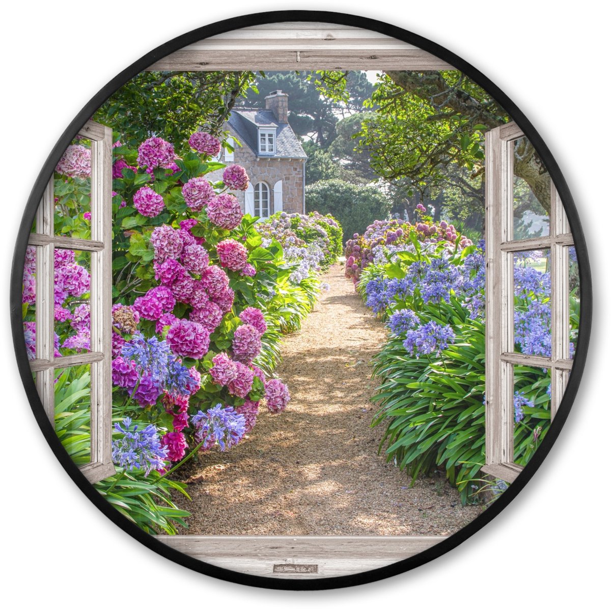 FrameYourWall Poster in lijst Rond - Fotolijst 60x60 cm - Posters - Hortensia - Doorkijk - Bloemen - Zomer - Paars - Pad - Ronde posterlijst zwart - Decoratie - Wanddecoratie woonkamer - Muurdecoratie slaapkamer Doorkijk - Hortensia