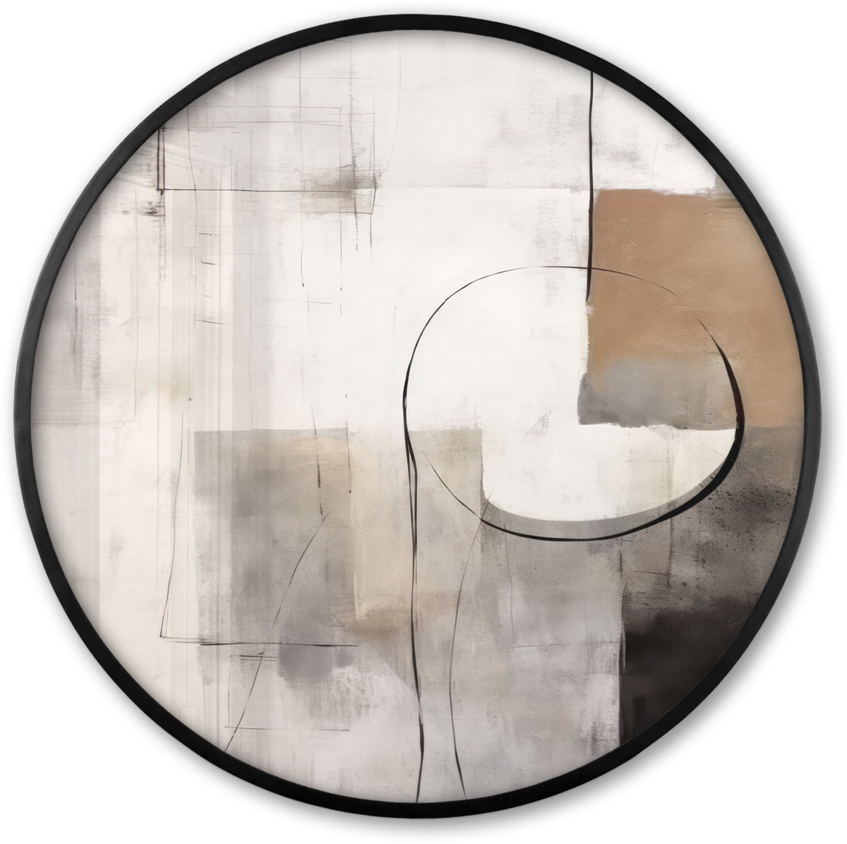 FrameYourWall Poster in lijst Rond - Fotolijst 80x80 cm - Posters - Abstracte kunst - Industrieel - Wit - Grijs - Ronde posterlijst zwart - Decoratie - Wanddecoratie woonkamer - Muurdecoratie slaapkamer Beige