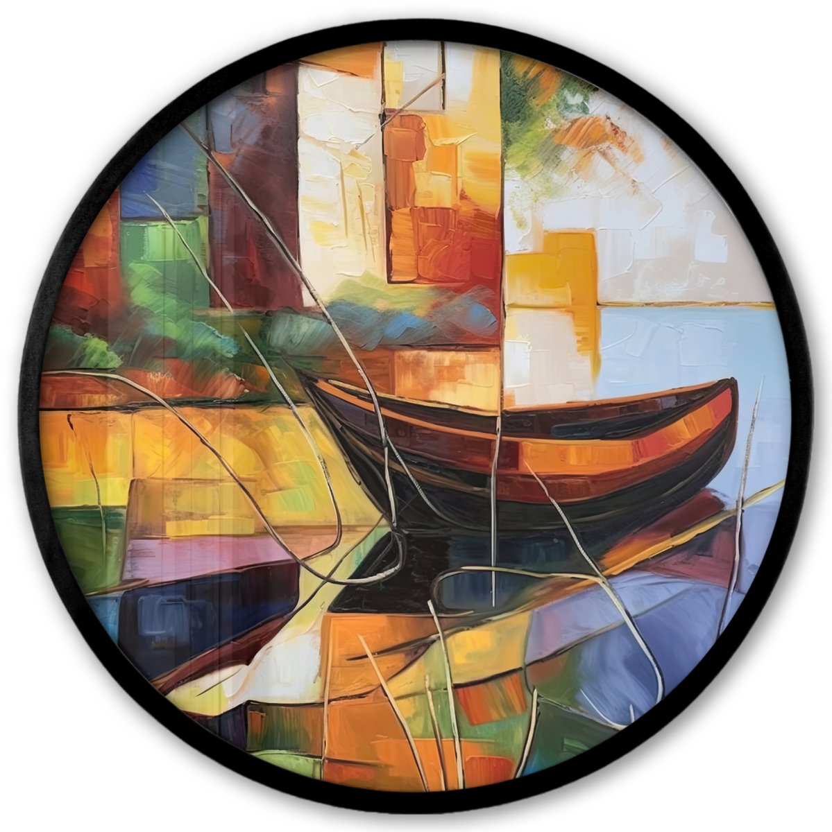 FrameYourWall Poster in lijst Rond - Fotolijst 40x40 cm - Posters - Abstract - Kunst - Boot - Kleuren - Ronde posterlijst zwart - Decoratie - Wanddecoratie woonkamer - Muurdecoratie slaapkamer Abstract - Boot