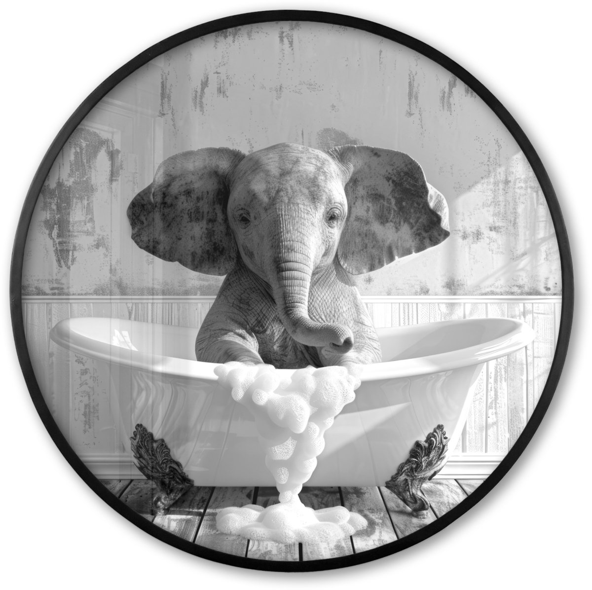 FrameYourWall Poster in lijst Rond - Fotolijst 80x80 cm - Posters - Olifant - Vintage - Dieren - Zwart - Wit - Ronde posterlijst zwart - Decoratie - Wanddecoratie woonkamer - Muurdecoratie slaapkamer Olifant - Badkuip