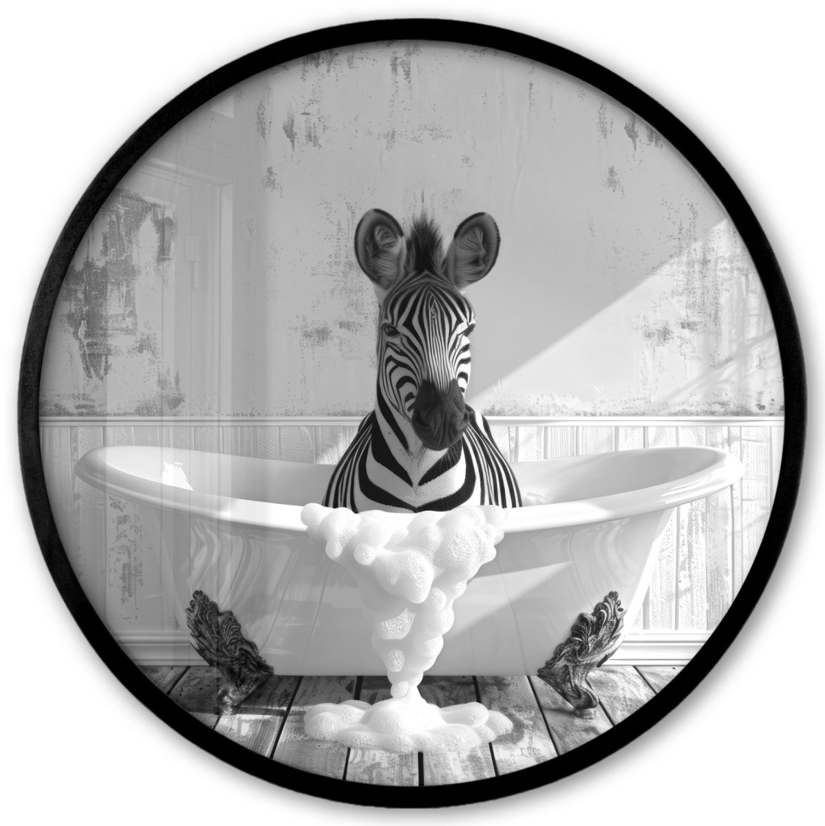 FrameYourWall Poster in lijst Rond - Fotolijst 40x40 cm - Posters - Zebra - Wilde dieren - Vintage - Zwart - Wit - Ronde posterlijst zwart - Decoratie - Wanddecoratie woonkamer - Muurdecoratie slaapkamer Zebra - Badkuip