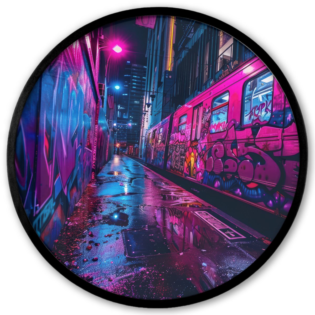 FrameYourWall Poster in lijst Rond - Fotolijst 40x40 cm - Posters - Stad - Neon - Nacht - Roze - Graffiti - Ronde posterlijst zwart - Decoratie - Wanddecoratie woonkamer - Muurdecoratie slaapkamer