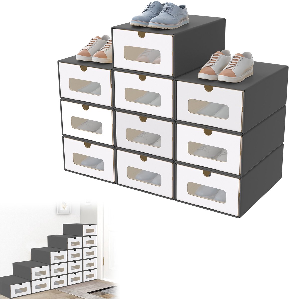 10er Stapelbaar Doosenset – Schuifdoos Met Zichtvenster Van Kraftpapier, Schoen- En Speelgoeddoos Voor De Opslag Van Accessoires, 23,5 X 34,5 X 13,5 Cm - Anthraziet