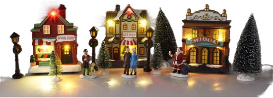 Kerstdorp huisjes set - met accessoires - 14 dlg - met LED - RGB - batterij