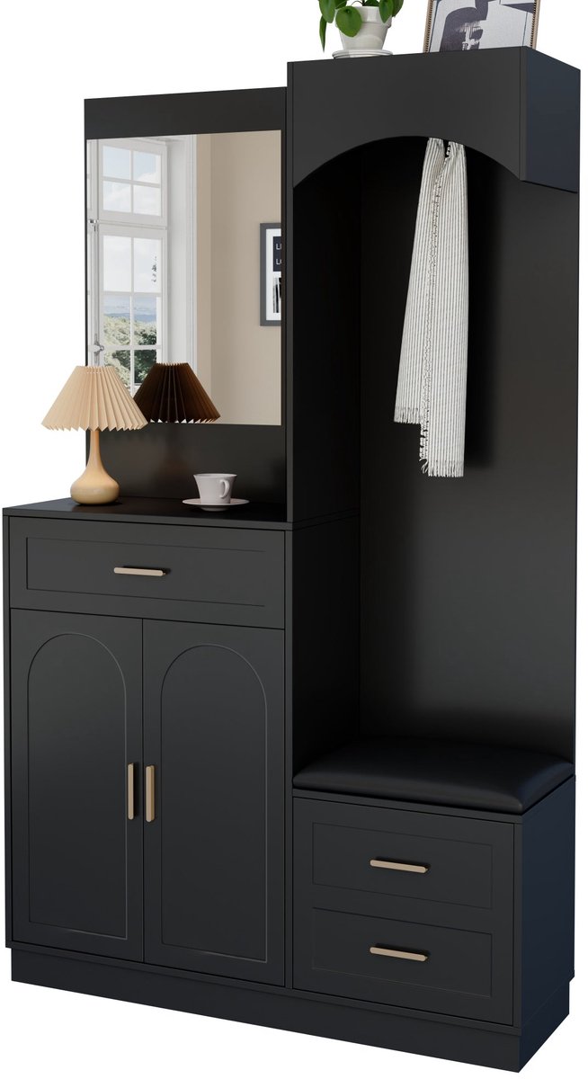 Merax Zwarte Garderobekast met Spiegel - Moderne Hal Kast met Schoenenkast en Zitbank - Multifunctioneel Opbergmeubel met Verstelbare Planken - 110 x 33 x 185.5 cm
