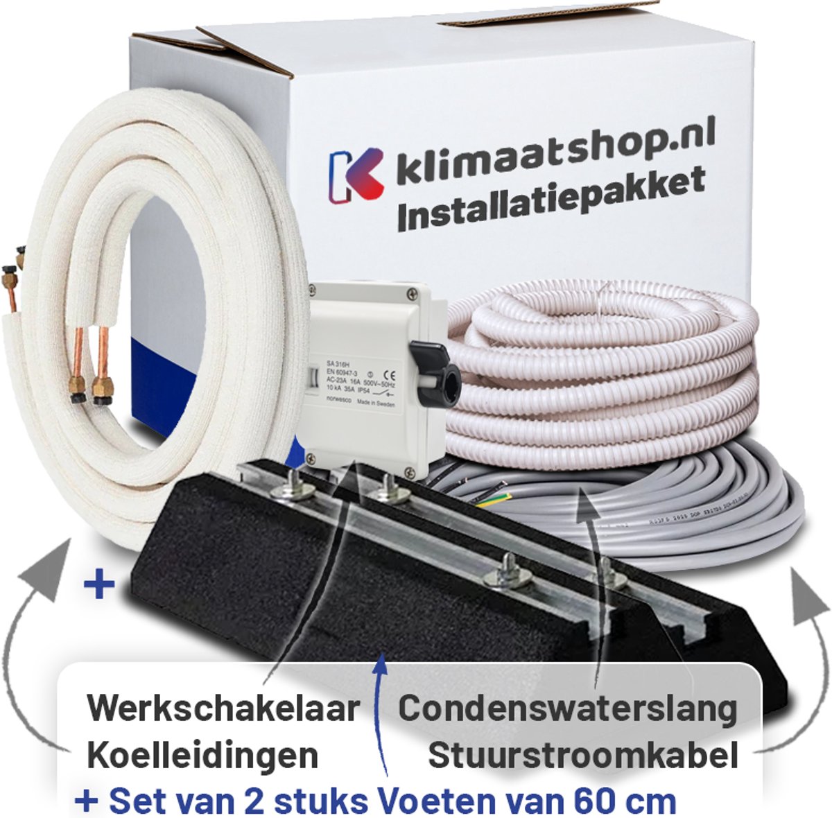 Aircopipe Airco Installatiepakket 3/8x5/8 + Voeten voor airco's vanaf 10,0kW Lengte: 3 Meter