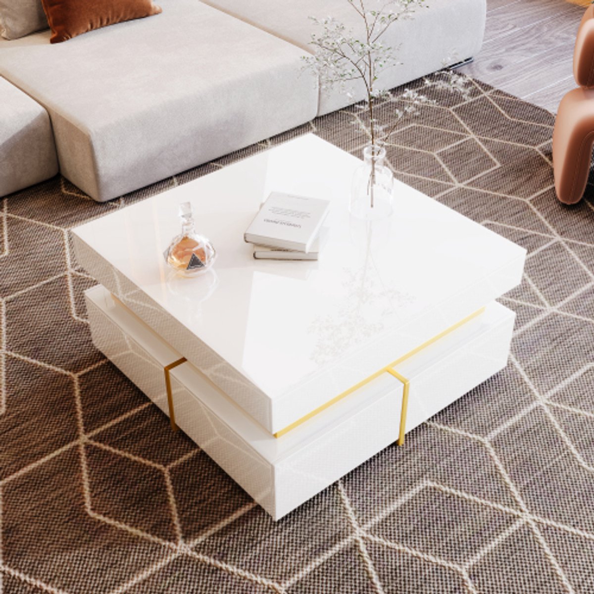 Moderne salontafel hoogglans 70x70x35,5 cm – bijzettafel met lade en gouden accenten, stijlvolle woonkamer tafel