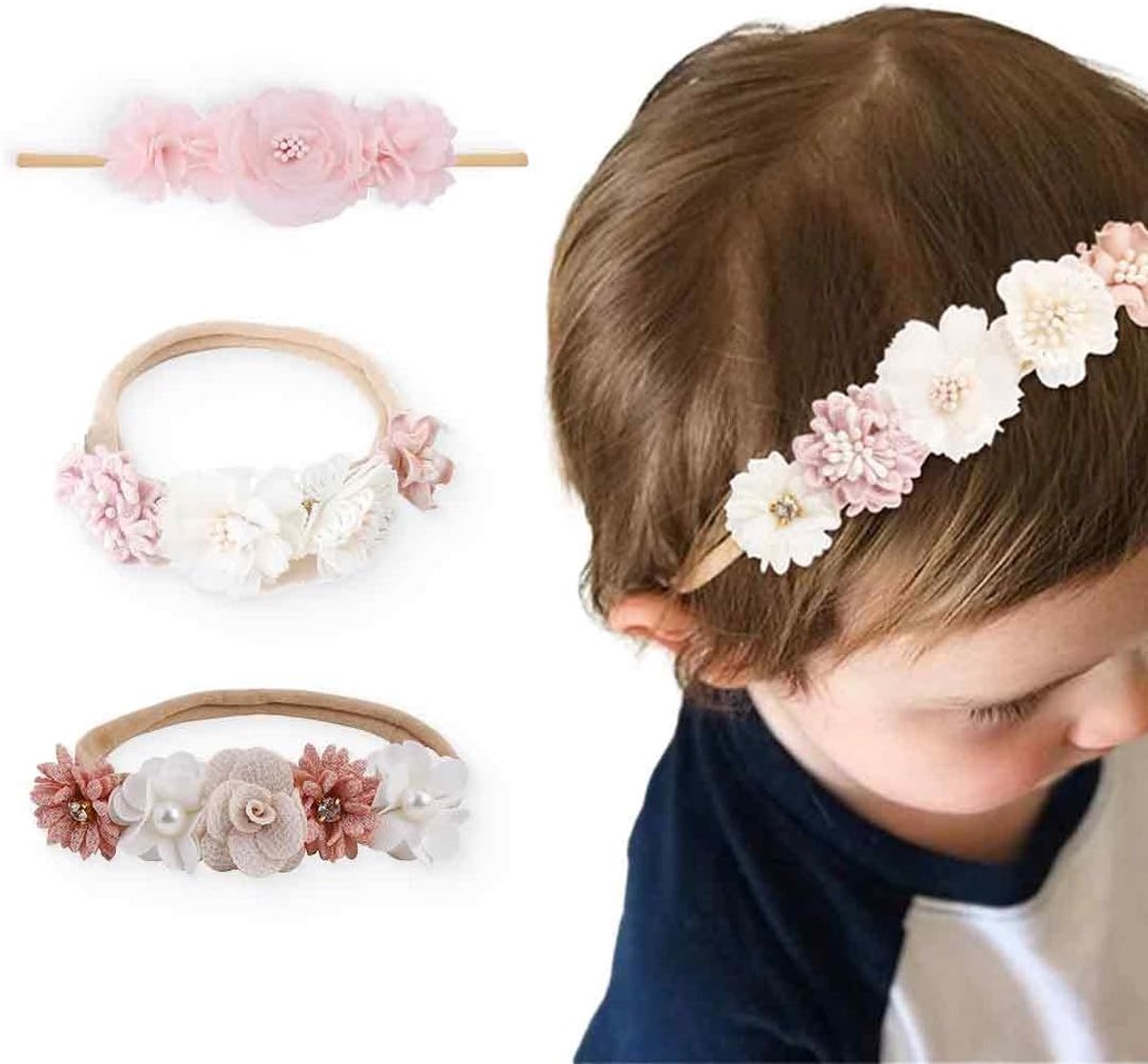 Image of 3 x baby girl flower headbands - elastische zachte haaraccessoires - voor pasgeborenen - perfect voor dagelijks gebruik of fotografie