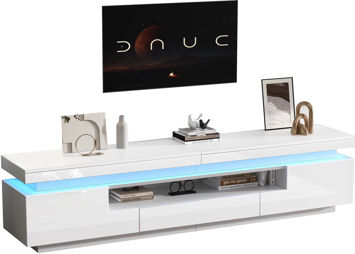 Merax TV-Meubel 175 x 38 x 45 cm – Wit Hoogglans TV-Kast met LED Verlichting - 2 Kasten en 1 Lade – Lowboard voor 75 inch TV – Modern Design met Halfope Opbergruimte