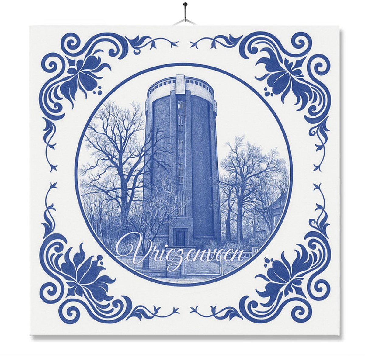 Tegel Met Opdruk | Vriezenveen | Delft Blauw | Cadeau | Inclusief Geschenkdoos | Standaard | Ophangsysteem