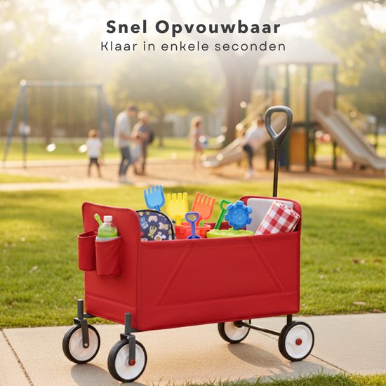 Cheqo® Opvouwbare Bolderkar - Bolderwagen - Rood - Opbergvak - Plat Opvouwbaar - Gemakkelijk Op Te Vouwen - 2 Bekerhouders - Transportkar - Eenvoudig Op Te Bergen - Strandkar van Cheqo — afbeelding 3