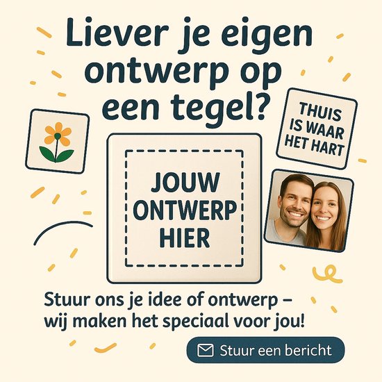 Carreau beige clair avec le texte 'Préfères-tu ton propre design sur un carreau ?' et 'TON DESIGN ICI'. À droite, une photo d'un couple et un carreau avec une fleur.