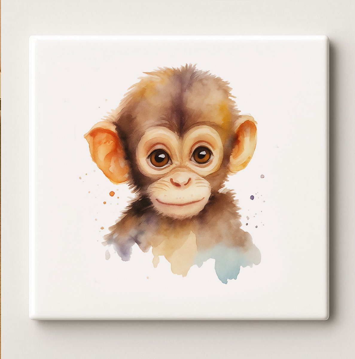 Schattige Baby Aap Tegel 15x15 cm – Lief Waterverf Dier Keramische Wanddecoratie voor Kinderkamer, Babykamer of Jungle Thema Decoratie
