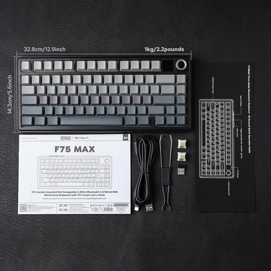 Overzicht van het F75 MAX mechanisch toetsenbord met afmetingen, gewicht, en componenten zoals verwisselbare switches en kabels.