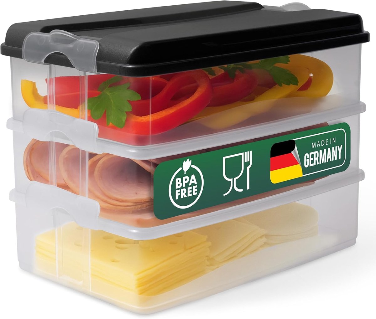 Novaliv 3x grote voedselcontainers met 1x deksel, stapelbaar voor koelkast en vriezer, set opslagcontainers, opbergdoos organizer, voor vleeswaren, worst, kaas, fruit, groenten, maaltijdvoorbereidingscontainer