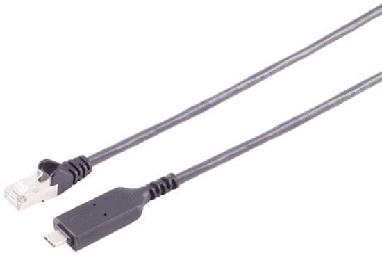 Grijze kabel met aan beide zijden een connector. Een connector is een RJ45 LAN-connector, de ander is een USB-C connector.
