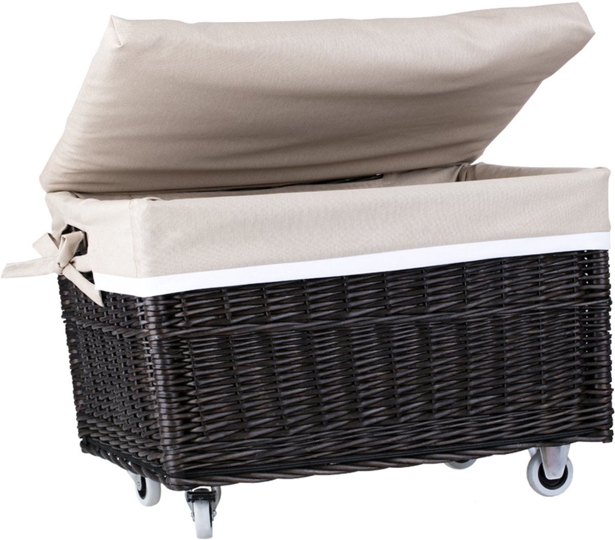 The Wicker Stories – Donkere rieten mand op wielen met deksel – Handgevlochten van natuurlijk riet, met versterkte bodem en beige stoffen voering – Ideaal voor was, speelgoed en huishoudelijke accessoires.