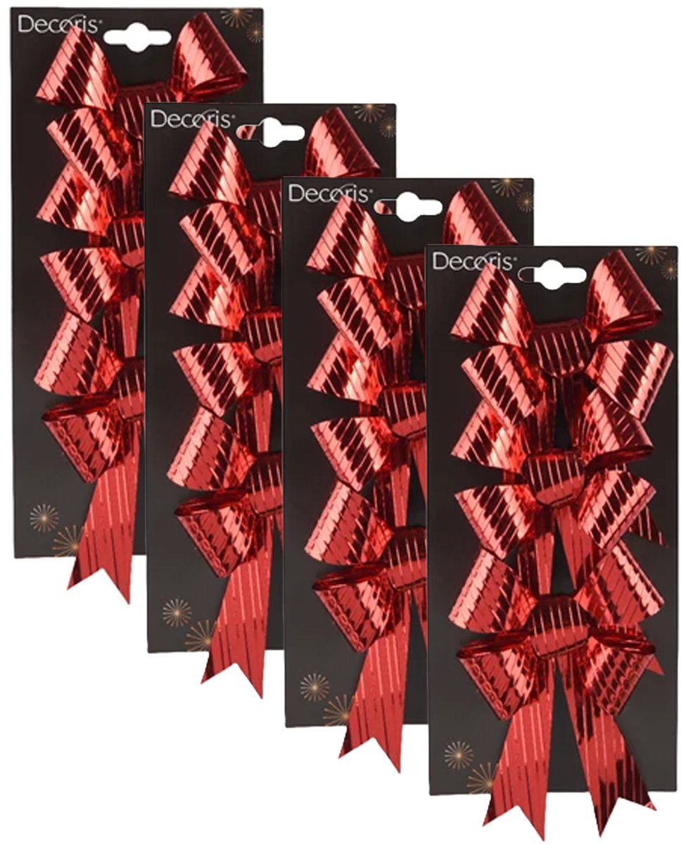 Decoris Kerst ornamenten strikken - 12x st - rood - 14 x 10 cm - kerstboomstrikjes - kerststrikjes - kerstboomversiering
