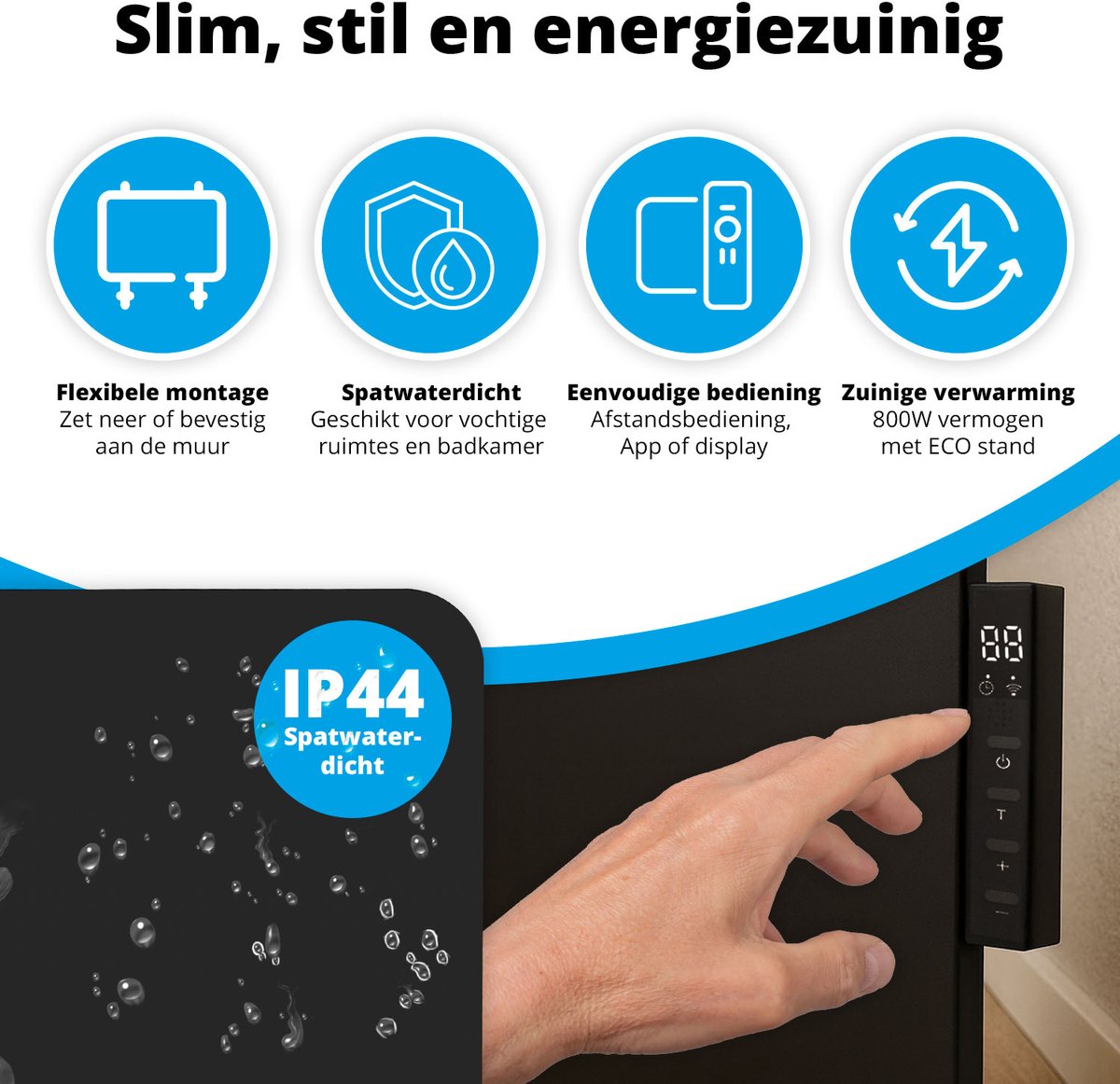 FlinQ Slimme Infrarood Verwarming - Elektrische Verwarmingspaneel - Moderne Kachel - Geschikt voor Badkamer - Staand & Verplaatsbaar - Met Thermostaat - Zwart Paneel - 600W – foto 7