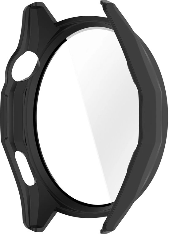Zwarte smartwatch case, open aan de zijkant, met glas.