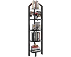 Staande hoekkast, boekenkast met 5 planken, draadgaas, 28 x 28 x 176 cm, ladderrek, plantenrek voor woonkamer, slaapkamer, keuken, balkon, industrieel design, zwart