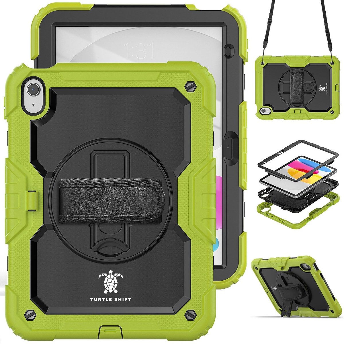 Turtle Shift Hoes met Screenprotector - Geschikt voor iPad 11 (A16) en iPad 10 - 2025 en 2022 - 10.9 Inch - Schouderriem - Draaibare Standaard met Apple Pencil Houder - Groen