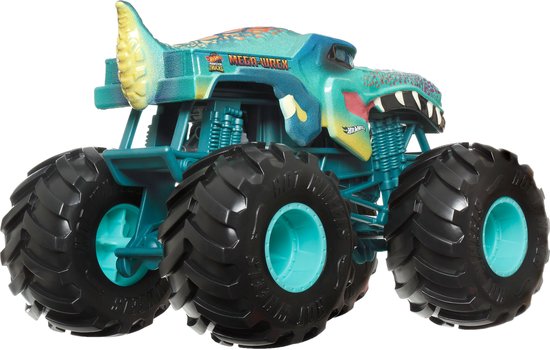 Blauwe monstertruck met haaienvin-achtige rug en tanden, met de tekst MEGA-WREX op de zijkant.