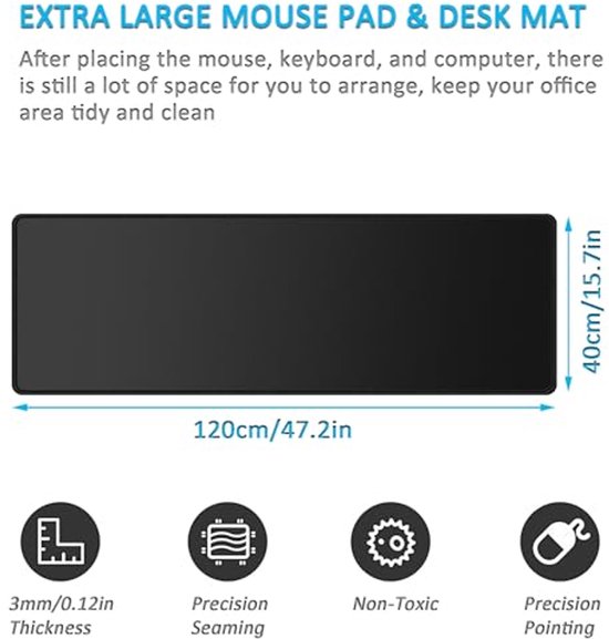 XXL zwarte gaming muismat met stofoppervlak en rubberen onderkant (1200 x 400 x 3 mm) — afbeelding 3