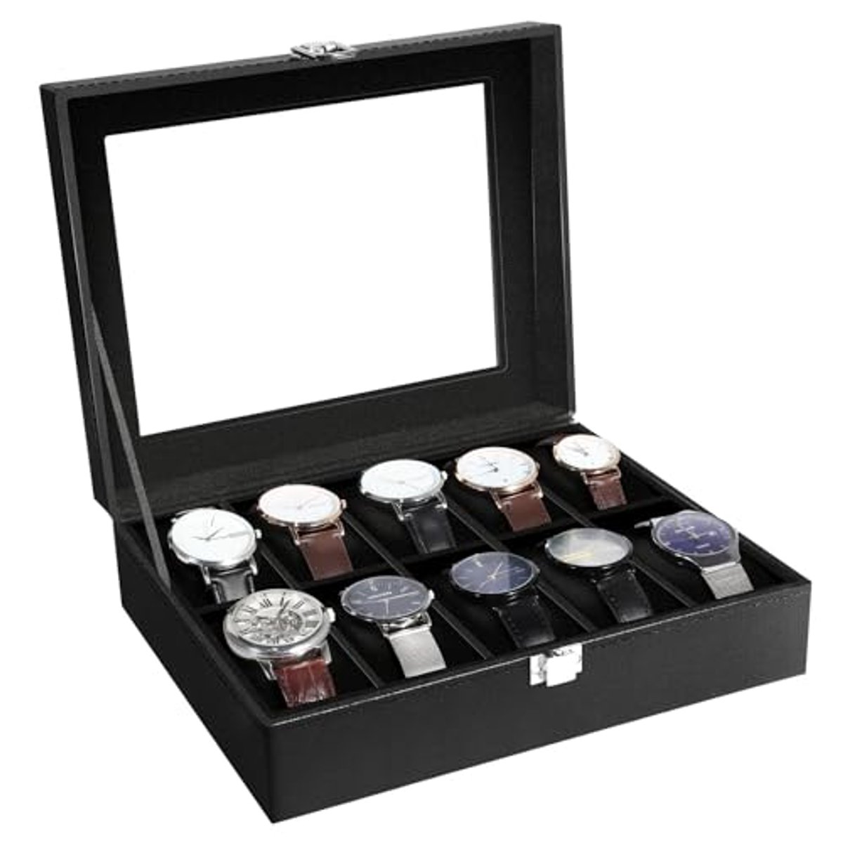 Horlogebox met 10 Vakken en Glazen Deksel - Horloge Display Opslagdoos voor Mannen en Vrouwen