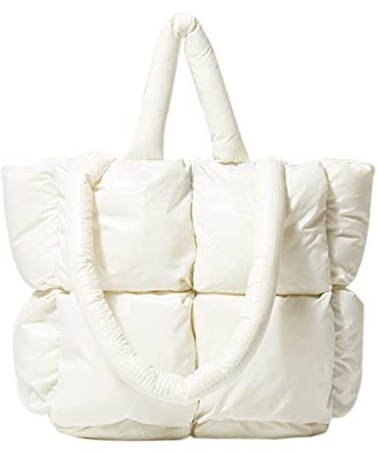 Puffer Tote Bag voor Vrouwen Gewatteerde Puffy Handtas Licht Winter Down Katoen Gewatteerde Schoudertas Down Padding Tote Bag, Wit, 14.17x11.02x4.92in, Duurzaam