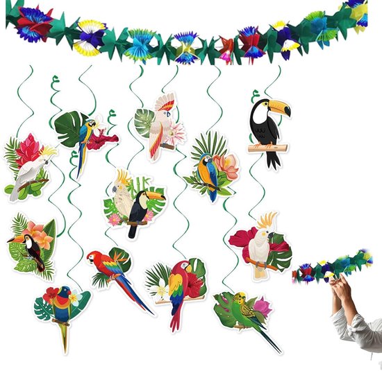 TRANKIELO® - Tropische Vogeldecoraties – Set van 12 kleurrijke papieren Papegaaien Hangdecoraties en 3m Slinger – Ideaal voor Hawaiiaanse Zomer, Strand, Luau en Jungle Feesten