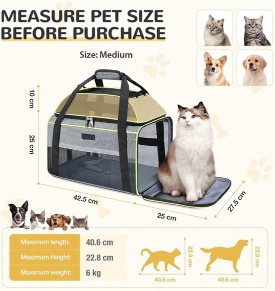 Tamowa Opvouwbare honden- en kattendraagtas, transportbox, met schouderriem, tas voor het vervoer van huisdieren, voor hond of kat, geschikt voor in de auto of in het vliegtuig, grijs
