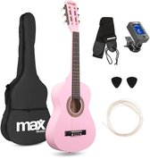 Roze akoestische kinder gitaar met accessoires: gitaartas, stemapparaat, plectrums en reserve snaren.