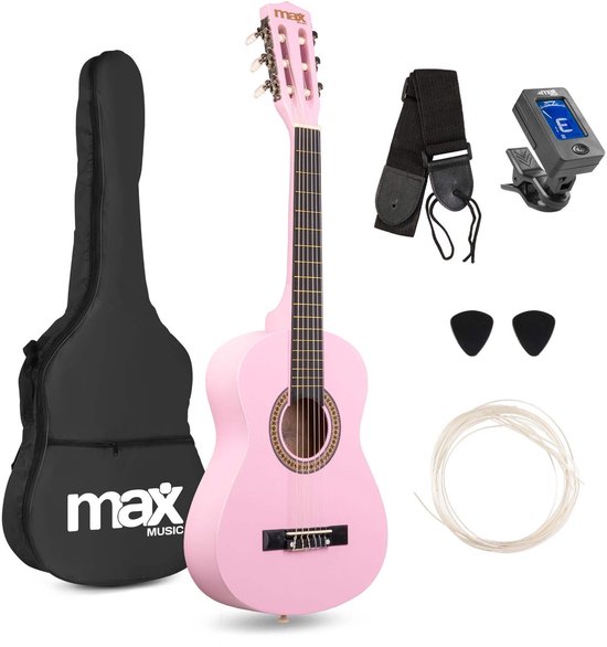 Guitare acoustique Kinder MAX SoloArt 1/4 - Avec cours de musique et accessoires gratuits - Rose