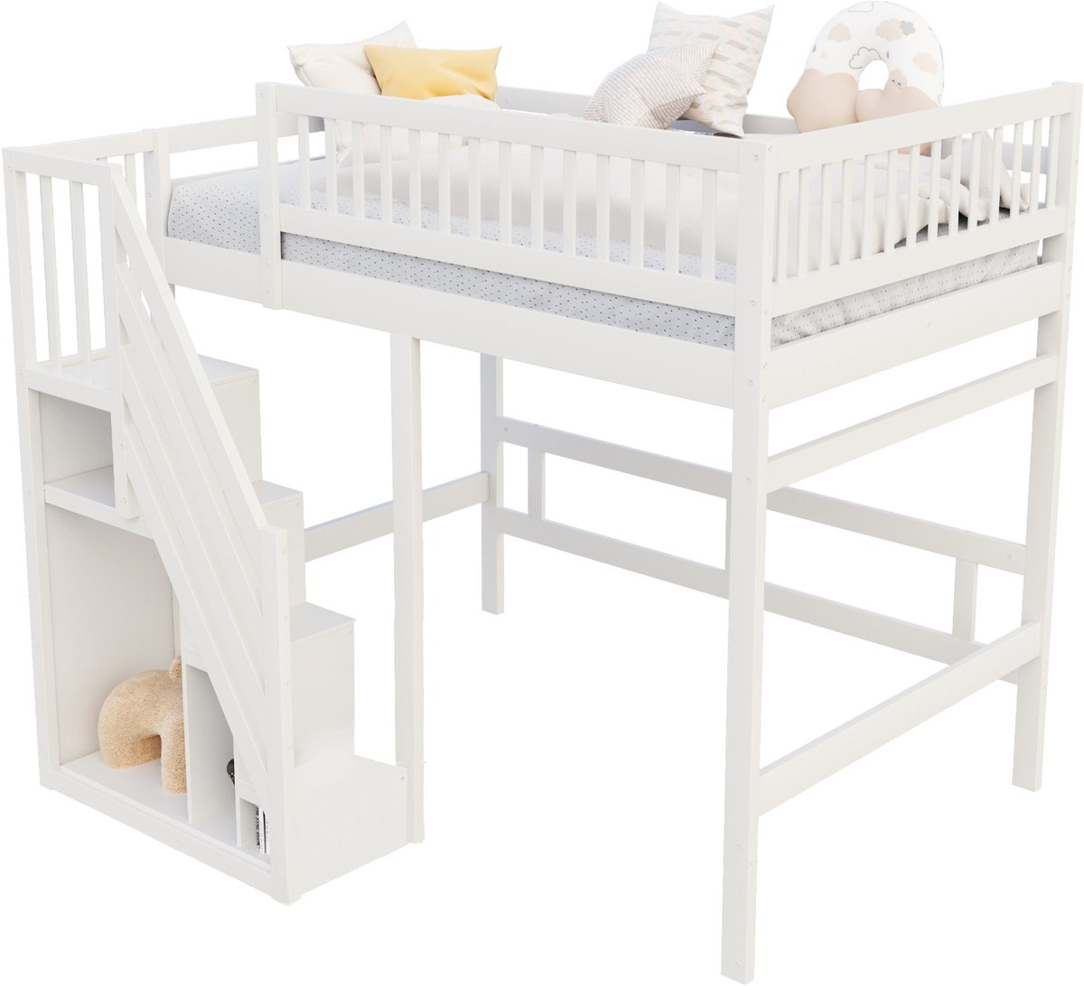 Sweiko Hoogslaper - 140 x 200 cm - Met opbergruimte - Houten kinderbed - Wit