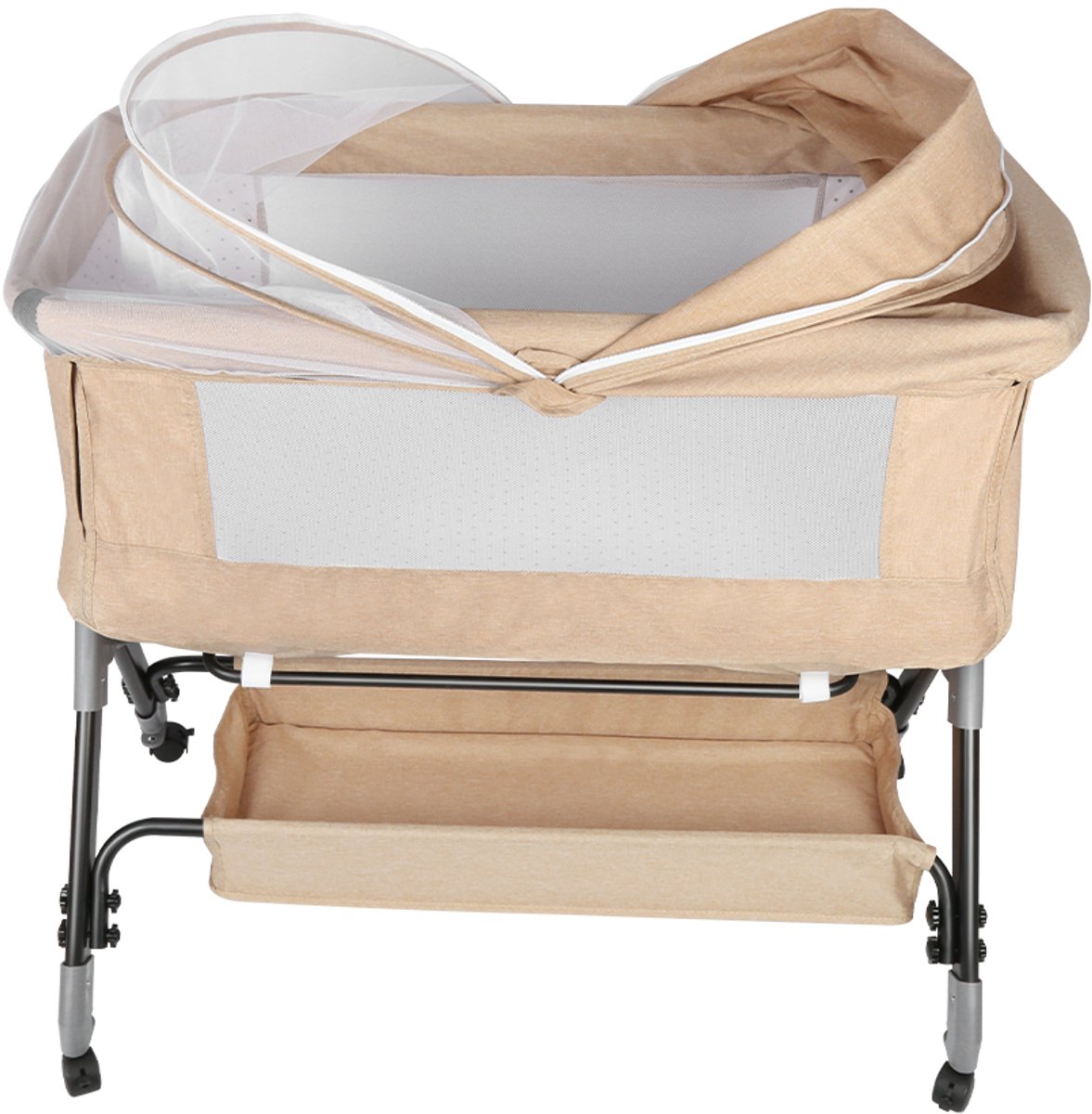 PIPIPOXER Babybedje 4-traps hoogteverstelling met plank, matras, Beige