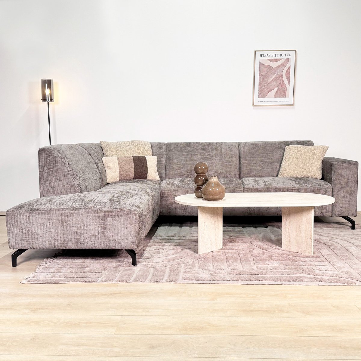 Dimehouse Hoekbank met chaise longue taupe chenille stof Manon - links - Chenille - Scandinavisch & Basic - 274 x 210 x 84 cm Grijs