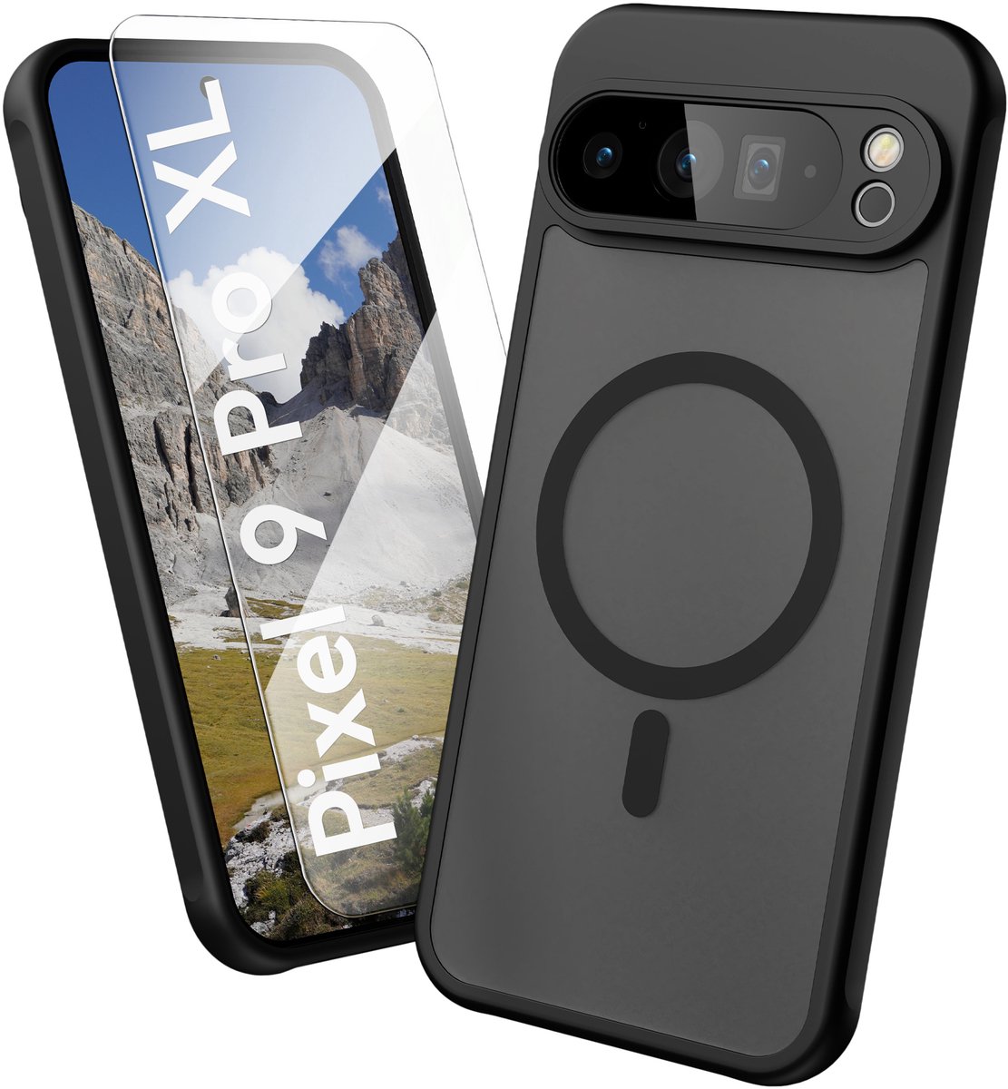 Oakshield Hoesje voor Google Pixel 9 Pro XL – Halftransparante Telefoonhoes – Schokbestendige Beschermhoes met Camerabescherming – Case in zwart