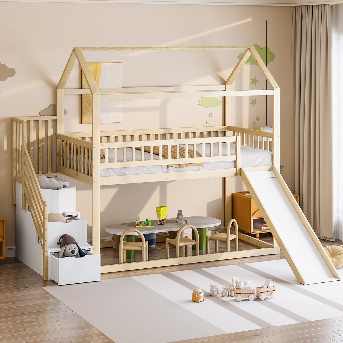 Sweiko Hoogslaper - 90 x 200 cm - Met glijbaan - Opbergruimte - Houten kinderbed - Wit + Natuurlijke