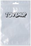 Witte plastic zak met een ophangoog en het zwarte logo 'TOVBMUP'.