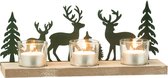 J-Line theelichthouder 3 Stukken Rendieren/Bomen - hout/fluweel - groen