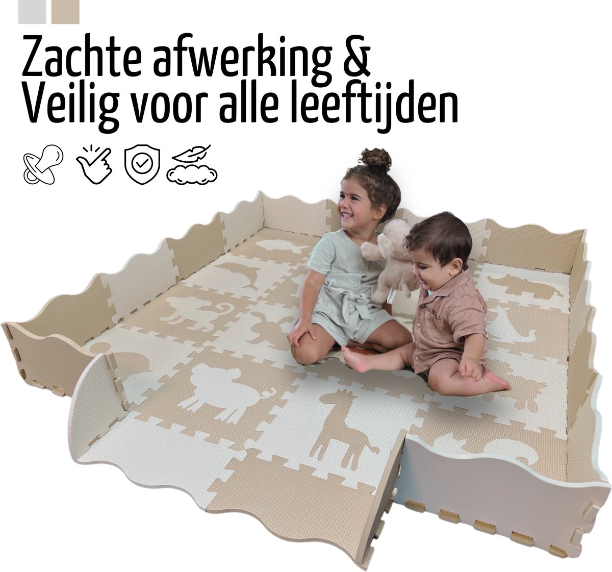 Roosly Speelmat Baby - Speelkleed Baby - babygym - kruipmat - playmat - Foam vloerpuzzel 145 x 145 cm - Opstaande Rand - Inclusief Opbergtas - speelgoed - Veilig & Zacht - Beige thumbnail 4