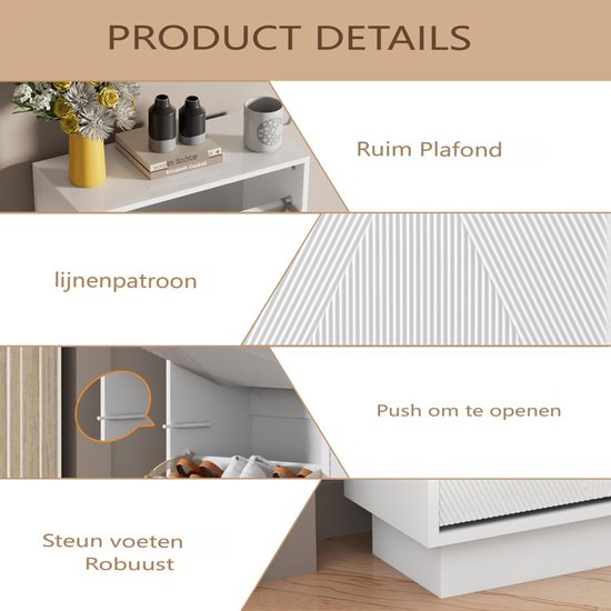Details van de witte schoenenkast: bovenblad, lijnpatroon, uitklapbare klep met push-to-open mechanisme, stevige steunvoeten.