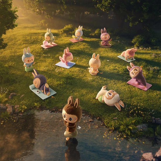 Groep van elf harige poppen, variërend in kleur en pose, verspreid op een groene weide bij een bos.