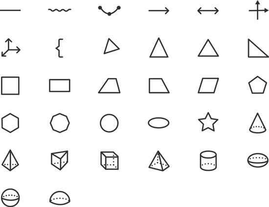 Verzameling van 30 eenvoudige geometrische vormen en symbolen in lijnkunst.
