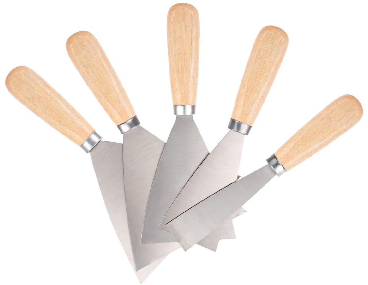 longziming -5-delige Schraperset voor Verf en Behang – Houten Handvatten, Paletmes & Plamuurmes – Gipsplaat Gereedschap voor Vullen en Schrapen – Maten: 1/2/3/4/5 Inch